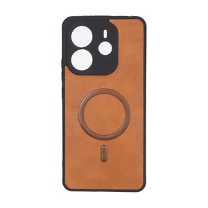 قاب چرمی طرح مگ سیف محافظ لنزدار Xiaomi Redmi Note 14 4G - قهوه ای