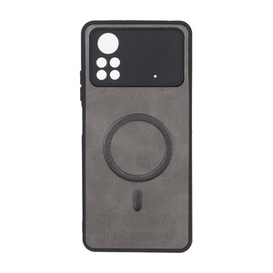 قاب چرمی طرح مگ سیف محافظ لنزدار Xiaomi Poco X4 Pro - خاکستری