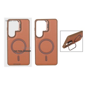 قاب Bracket چرمی دور دوخت MagSafe لنز استندشو Samsung Galaxy S26 Ultra - قهوه ای (پک دار)
