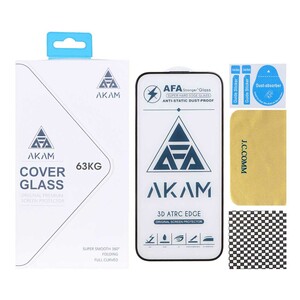 محافظ صفحه نمایش شیشه ای اورجینال Full Cover - AKAM مدل Apple iPhone 16 Pro Max به همراه دستمال و پد سیلیکونی (پک دار)