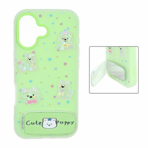 قاب Cute Puppy دولایه عروسک برجسته استندشو آینه ای Apple iPhone 17 - سبز
