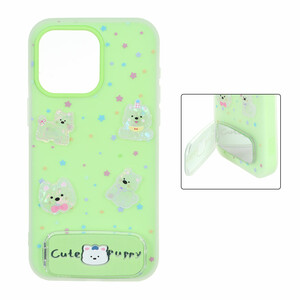قاب Cute Puppy دولایه عروسک برجسته استندشو آینه ای Apple iPhone 15 Pro Max - سبز