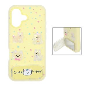 قاب Cute Puppy دولایه عروسک برجسته استندشو آینه ای Apple iPhone 16 - زرد