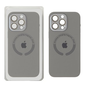 قاب سیلیکونی اورجینال MagSafe محافظ لنز شیشه ای Apple iPhone 15 Pro Max - طوسی (پک دار)