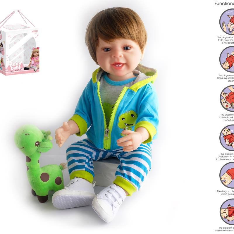 عروسک سیلیکونی هوشمند پسر با لباس اسپرت و عروسک دایناسور