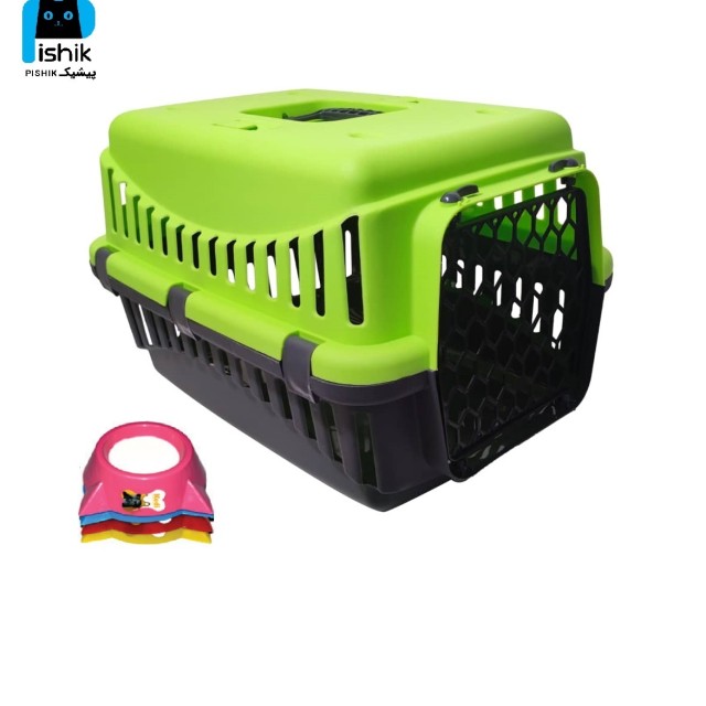 باکس حمل حیوانات سگ و گربه سایز 2 بنیمو  benimo با درب پلاستیکی به همراه یک عدد ظرف غذای کدی