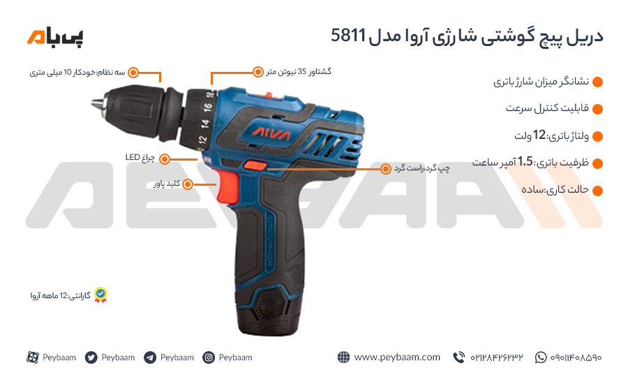 اینفوگرافی دریل پیچ گوشتی شارژی آروا مدل5811