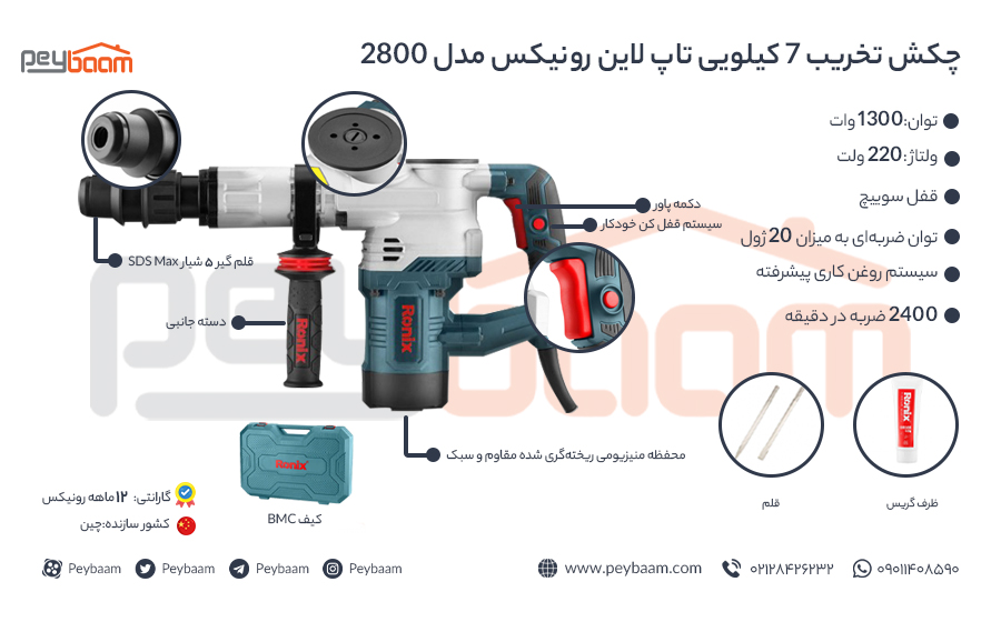 اینفوگرافی چکش تخریب 7 کیلیویی تاپ لاین رونیکس مدل 2800