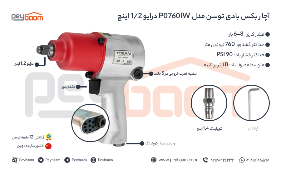 اینفوگرافی آچار بکس بادی توسن مدل P0760IW