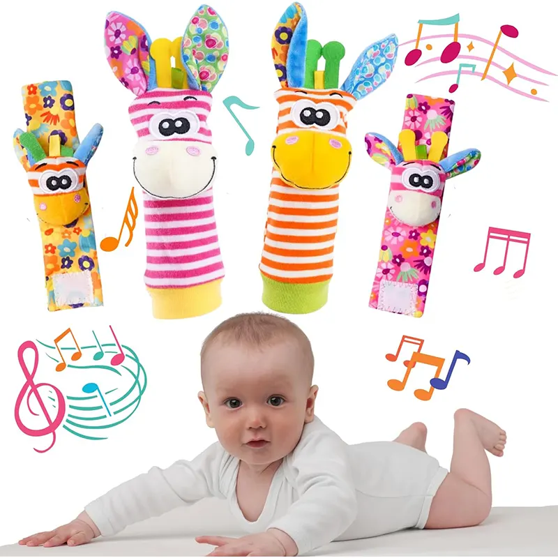 جوراب و مچ بند جغجغه ای کودک طرح حیوانات صورتی نارنجی کد P/JM6868/B