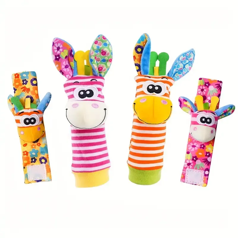 جوراب و مچ بند جغجغه ای کودک طرح حیوانات صورتی نارنجی کد P/JM6868/B