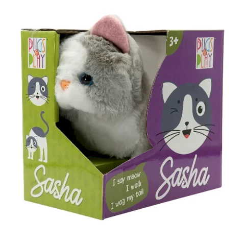 عروسک پولیشی گربه سفید خاکستری موزیکال مدل Sasha کد STPAP08