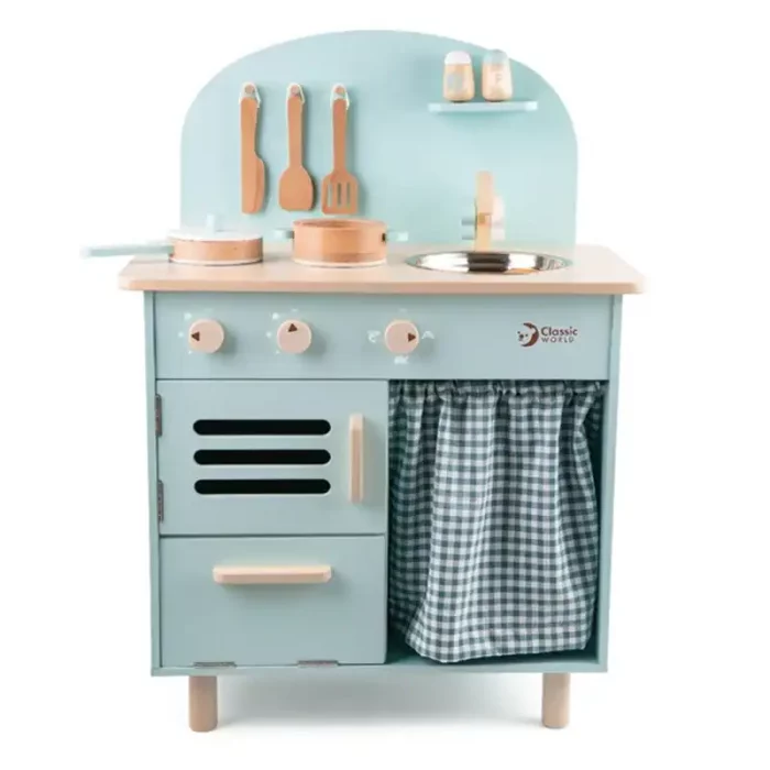 آشپزخانه کودک چوبی کلاسیک ورلد رنگ آبی Blue Retro Kitchen classic world کد 50571