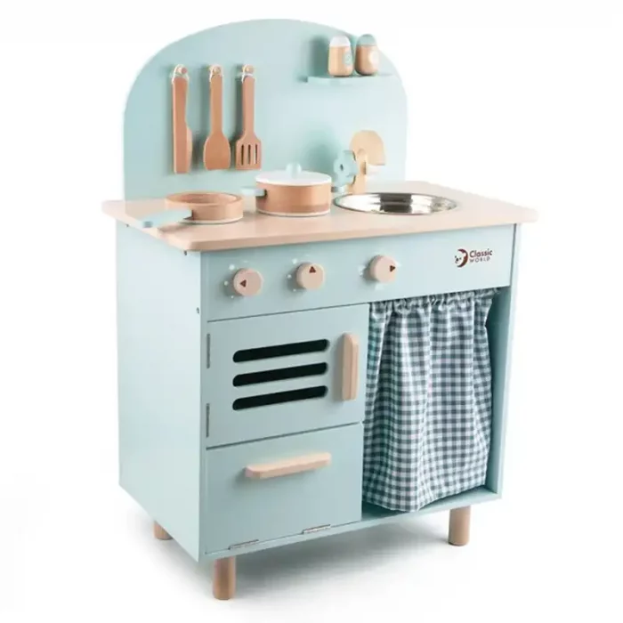 آشپزخانه کودک چوبی کلاسیک ورلد رنگ آبی Blue Retro Kitchen classic world کد 50571