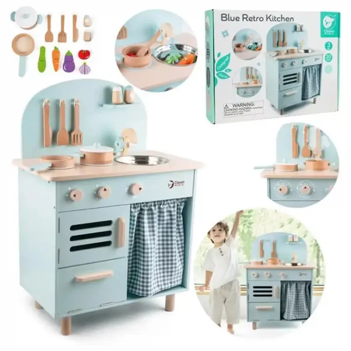 آشپزخانه کودک چوبی کلاسیک ورلد رنگ آبی Blue Retro Kitchen classic world کد 50571