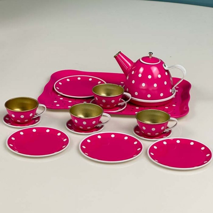 اسباب بازی ست چای خوری فلزی طرح خال خالی صورتی کد 2020C