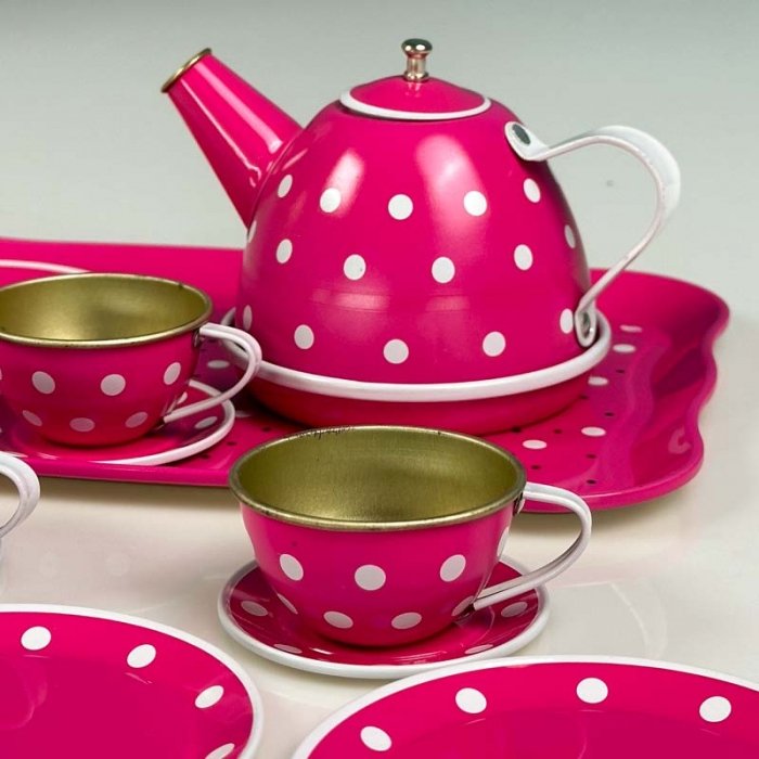 اسباب بازی ست چای خوری فلزی طرح خال خالی صورتی کد 2020C