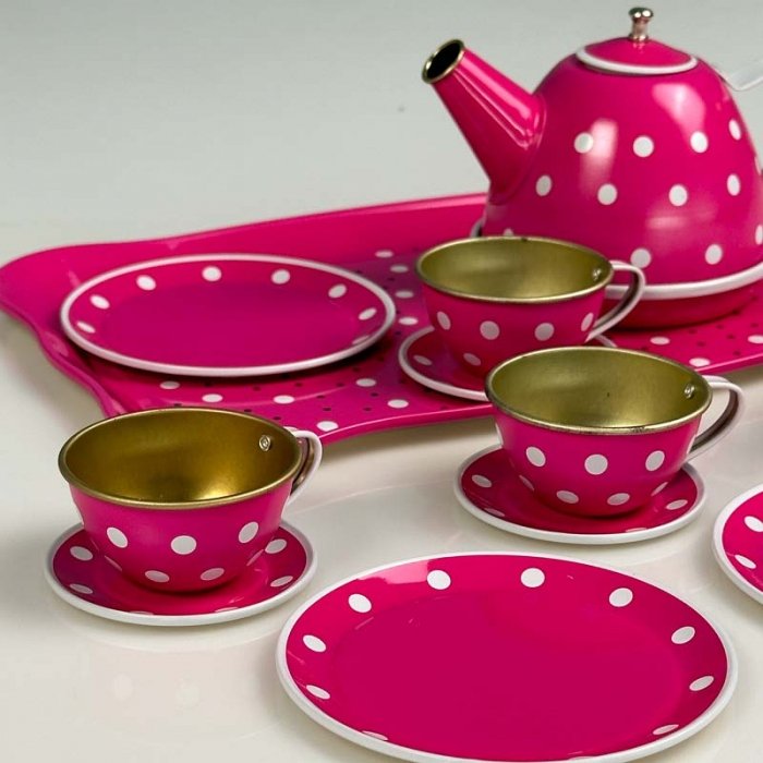 اسباب بازی ست چای خوری فلزی طرح خال خالی صورتی کد 2020C