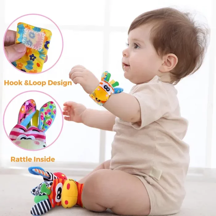 جوراب و مچ بند جغجغه ای کودک طرح حیوانات صورتی نارنجی کد 6753961