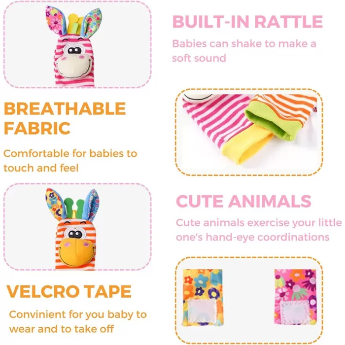 جوراب و مچ بند جغجغه ای کودک طرح حیوانات صورتی نارنجی کد 6753961