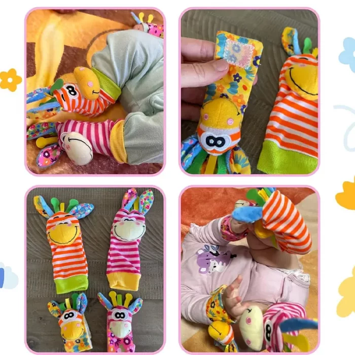 جوراب و مچ بند جغجغه ای کودک طرح حیوانات صورتی نارنجی کد 6753961