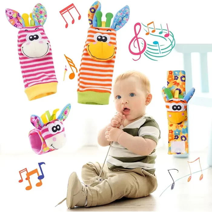 جوراب و مچ بند جغجغه ای کودک طرح حیوانات صورتی نارنجی کد 6753961