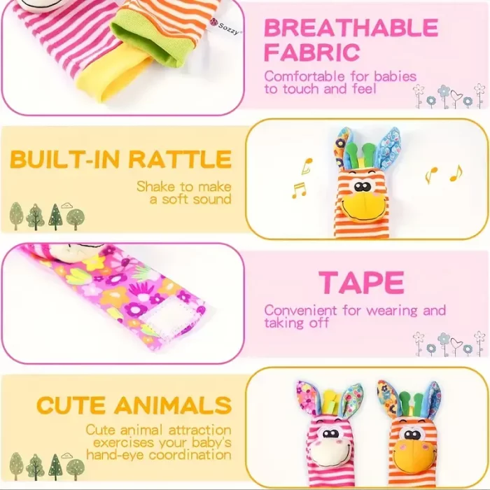 جوراب و مچ بند جغجغه ای کودک طرح حیوانات صورتی نارنجی کد 6753961