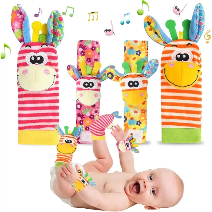 جوراب و مچ بند جغجغه ای کودک طرح حیوانات صورتی نارنجی کد 6753961