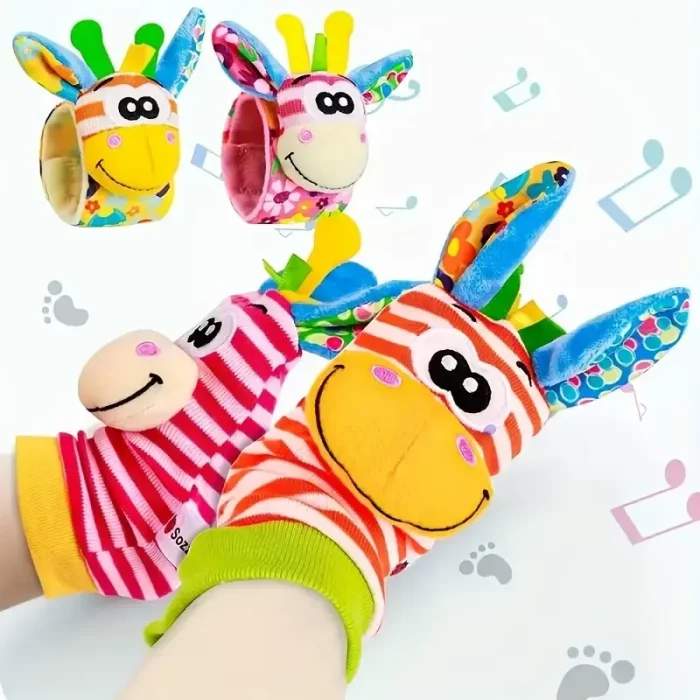 جوراب و مچ بند جغجغه ای کودک طرح حیوانات صورتی نارنجی کد 6753961