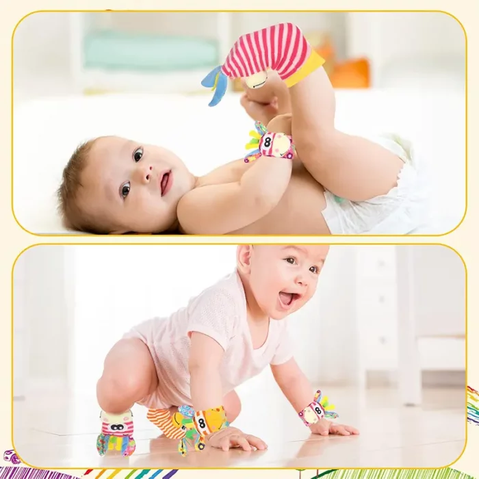 جوراب و مچ بند جغجغه ای کودک طرح حیوانات صورتی نارنجی کد 6753961