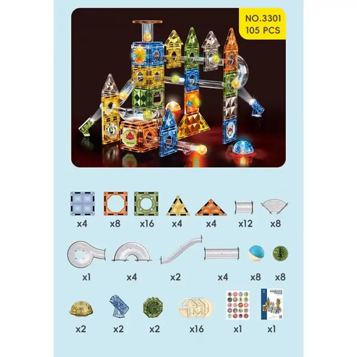 اسباب بازی کاشی های مغناطیسی چراغدار 105 تکه کد 3301