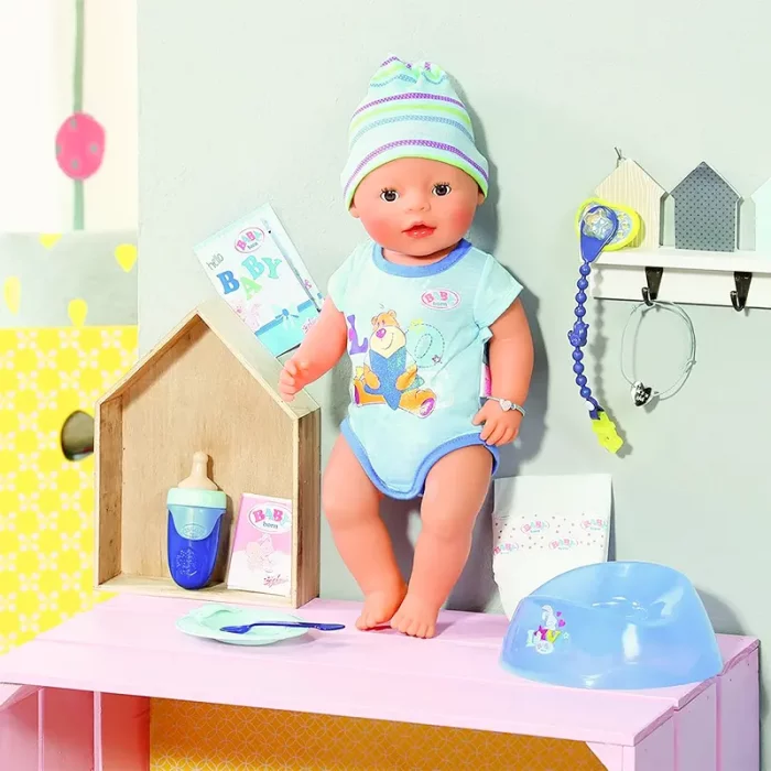 عروسک دخترانه جیشی BABY BORN با لوازم پسر با لباس آبی کد 116217