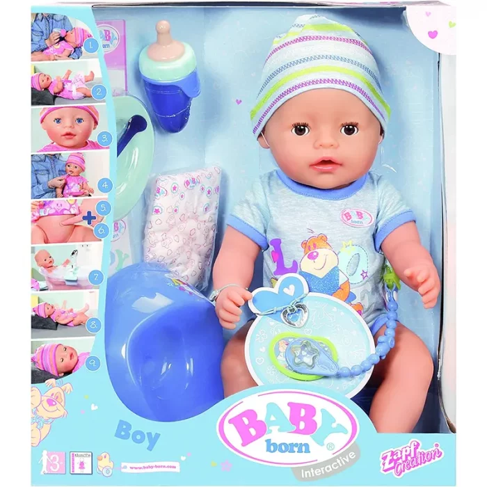 عروسک دخترانه جیشی BABY BORN با لوازم پسر با لباس آبی کد 116217