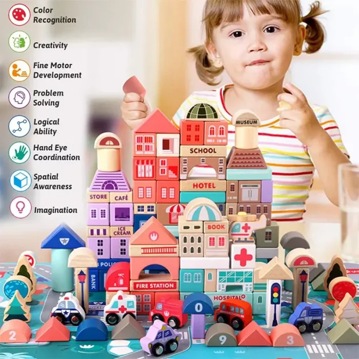 بریکس چوبی خانه سازی 115 تکه با صفحه بازی مدل JHTOY101