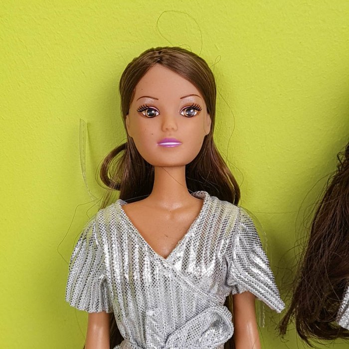 عروسک باربی با لباس اورال نقره ای مو مشکی کد P/HC06/A