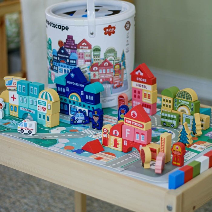 بلوک چوبی خانه سازی بریکس سطلی 100 تکه با صفحه بازی مدل JHTOY169