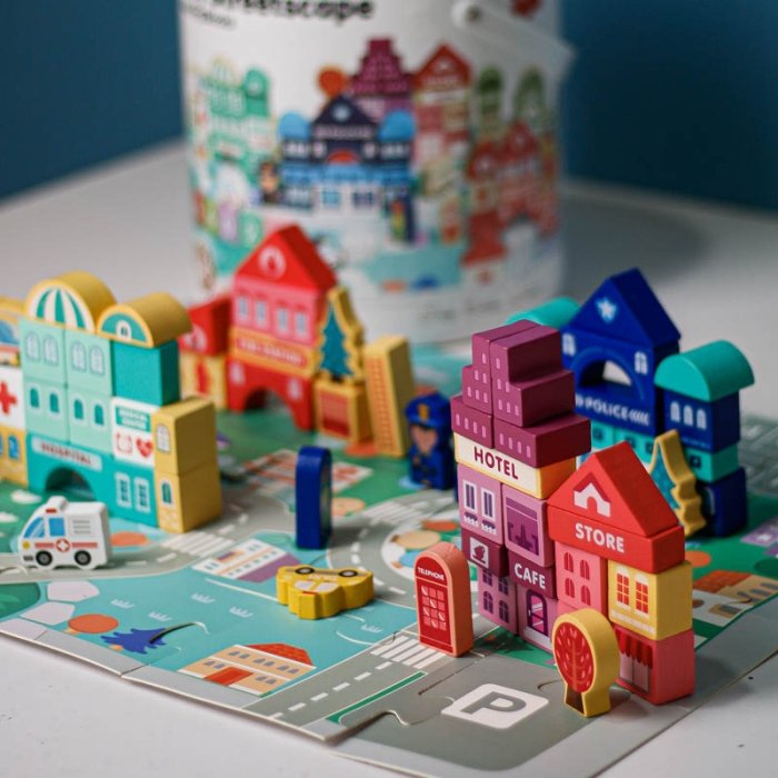 بلوک چوبی خانه سازی بریکس سطلی 100 تکه با صفحه بازی مدل JHTOY169