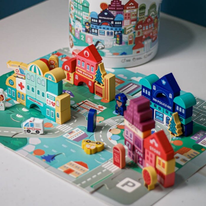 بلوک چوبی خانه سازی بریکس سطلی 100 تکه با صفحه بازی مدل JHTOY169