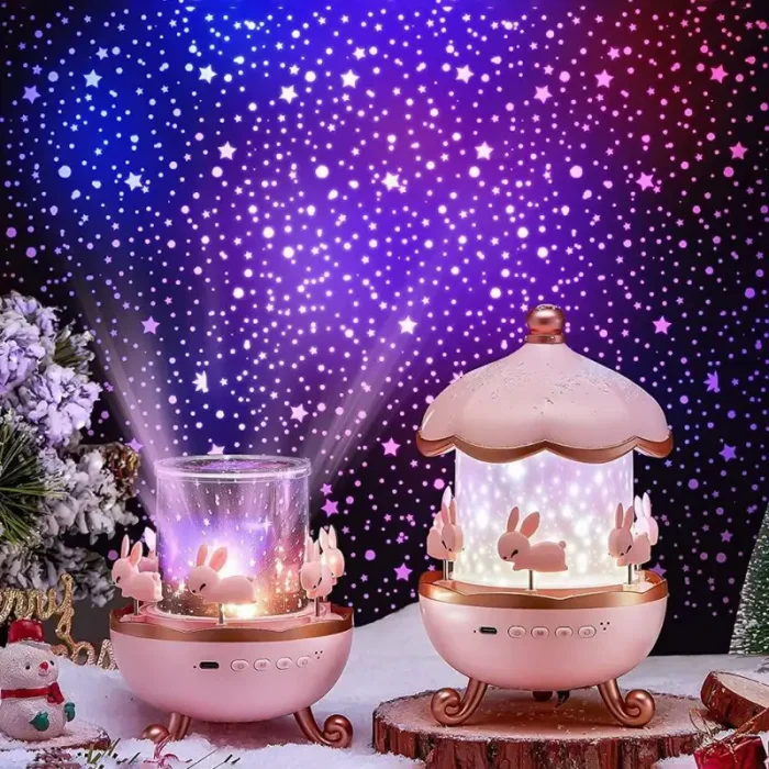 چراغ خواب کودک مدل ‎کاروسل موزیکال طرح چرخ و فلک خرگوش کد WHE11