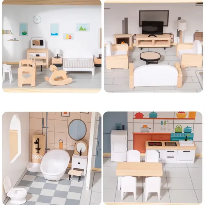 خانه عروسک چوبی با لوازم رنگ سفید کد MMM981