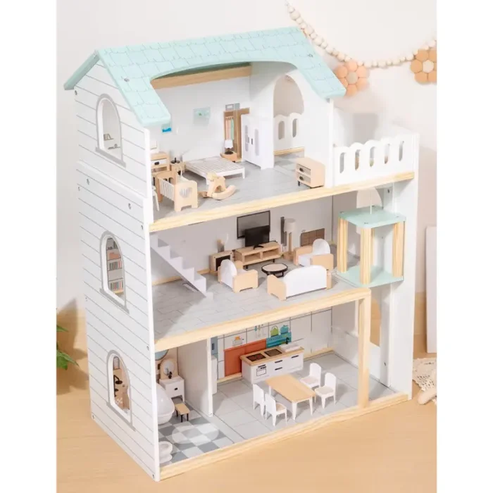 خانه عروسک چوبی با لوازم رنگ سفید کد MMM981