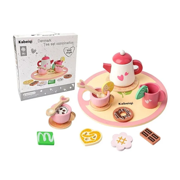 اسباب بازی ست چای خوری چوبی 18 تکه صورتی کد TB2324100258