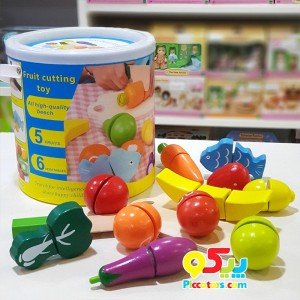اسباب بازی چوبی ست برش میوه سطلی مدل EN71