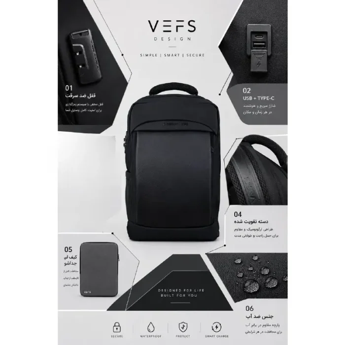 کوله پشتی لپ تاپ VEFS رنگ مشکی مات کد 7663365