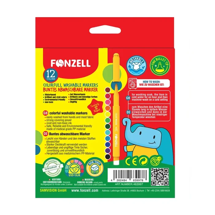 ماژيک 12 رنگ سوپر فونزل FONZEL Super Washable Markers کد 3002