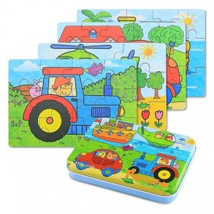 پازل چوبی وسایل نقلیه با قوطی فلزی مدل XHN0108