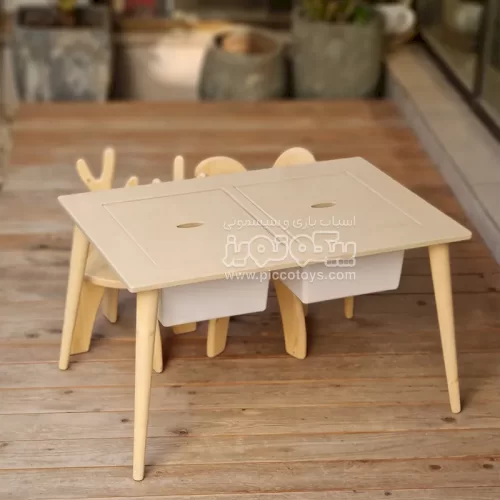 میز کودک چوبی با دو باکس بزرگ و صندلی چوبی کودک طرح گوزن و خرگوش کد 558