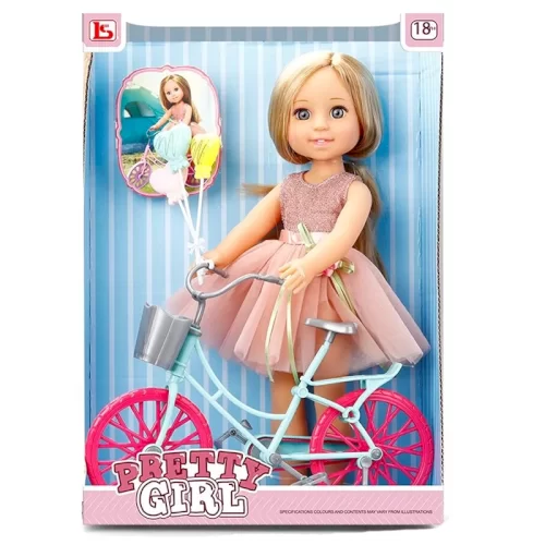 عروسک دخترانه با لباس صورتی و دوچرخه کد LS1504