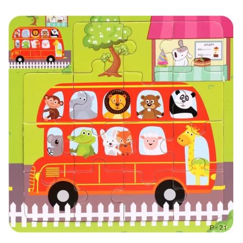 پازل چوبی کودک مدل اتوبوس حیوانات کد 44P21