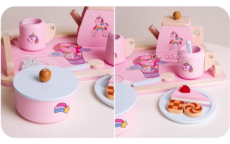 Toy tea set with unicorn design